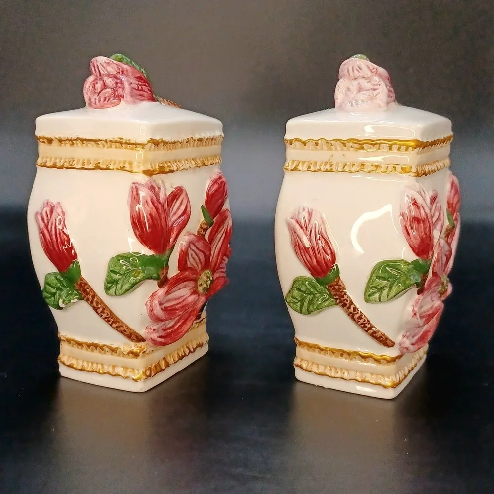 Vintgage K & K Salt and Pepper Shaker Set Pink Floral Majolica Style *READ*